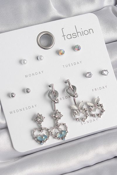 E BULURUM Brass Silver Color Hanging Zircon Stone Heart Model Knot Detail 7 Pairs Women's Earring Set