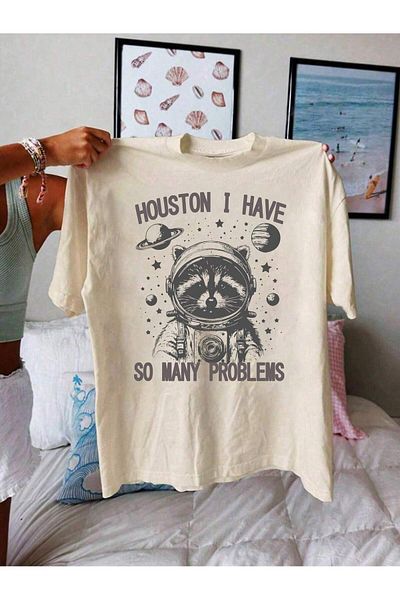 EVIus Υπερμεγέθη Houston Έχω τόσα πολλά προβλήματα Μπλουζάκι με λαιμόκοψη με στάμπα ρακούν