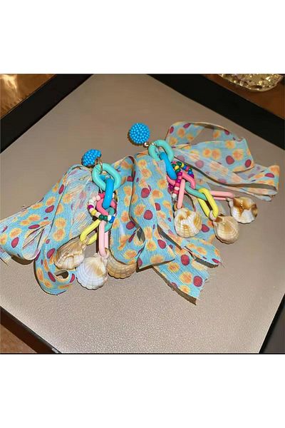 Pelin Aksesuar Colorful Fabric Mussel and Chain Design Earrings