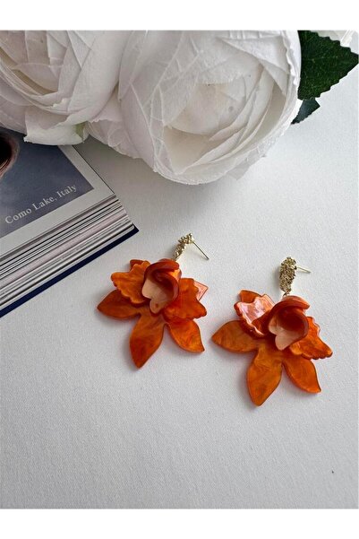 Pelin Aksesuar Turuncu Sedefli Çiçek Büyük Küpe