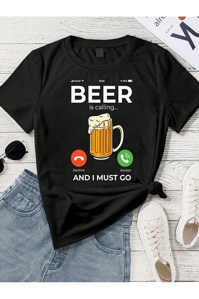 EVIus Tricou oversize cu decolteu tip bicicletă cu imprimeu Beer Is Calling