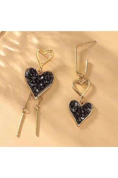 Pelin Aksesuar Black Crystal Filled Asymmetrical Heart Earrings