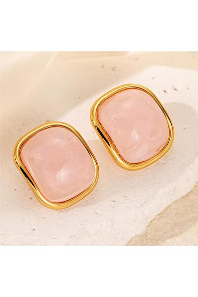 Pelin Aksesuar Pembe Alacalı Taşlı Dörtgen Çelik Küpe