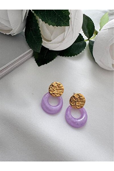 Pelin Aksesuar Lila Daire Taşlı Gold Çelik Küpe