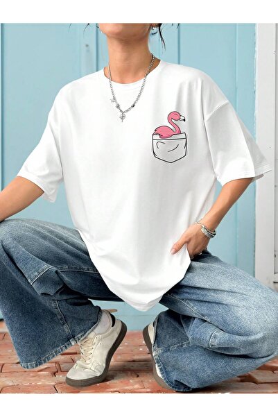 EYAX MODA Tricou de damă cu imprimeu Tiny Flamingo, cu decolteu tip crew, cro...