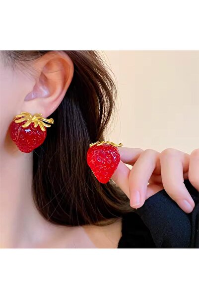 Pelin Aksesuar Kırmızı Çilek Çelik Küpe