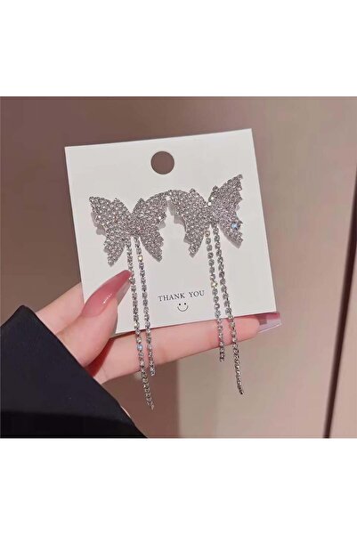 Pelin Aksesuar Taşlı Silver Kelebek Uzun Küpe