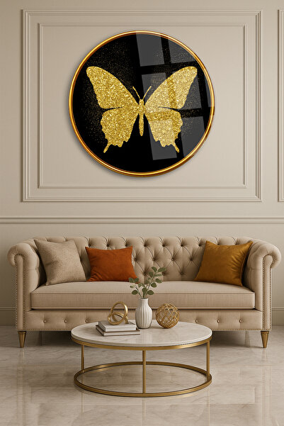 TAULART ALTIN KELEBEK TASARIMI YUVARLAK KIRILMAZ MODERN CAM TABLO EV HEDİYESİ LÜKS ODA TABLOSU