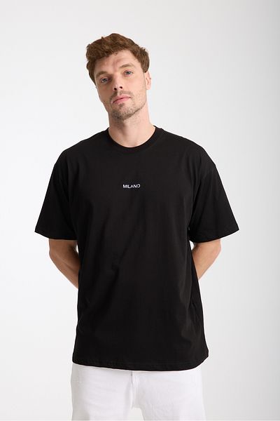 COOL TARZ Ανδρικό μαύρο μπλουζάκι Milano Embroidery Letter Oversize Crew Neck