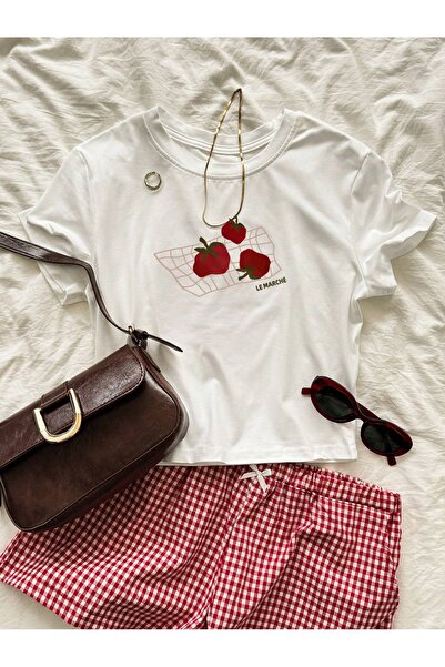 EVIus Kadın Le Marche Domates Baskılı Likralı Kısa Kol Body Tee Crop