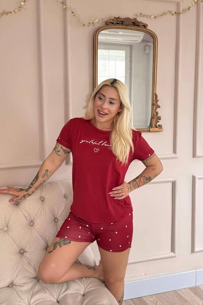 Pijamaevi Burgundy Grateful Heart Patterned Bamboo Short Sleeve Women's Shorts Pajama Set