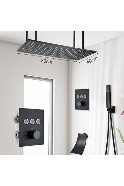 Blackswan Design Shower mixer set, Blackswan, Type M159, matt black, thermostat, waterfall spout, ceiling mounting, 80 cm