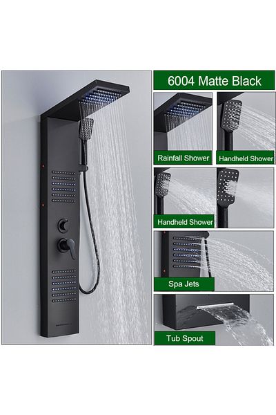 Blackswan Design Shower panel, Blackswan, Type M6004, black model with waterfall spout, LED and SPA functions, 122 cm