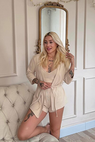 Pijamaevi Bej Dublin Büstiyerli Sabahlıklı Kadın Pijama Takımı