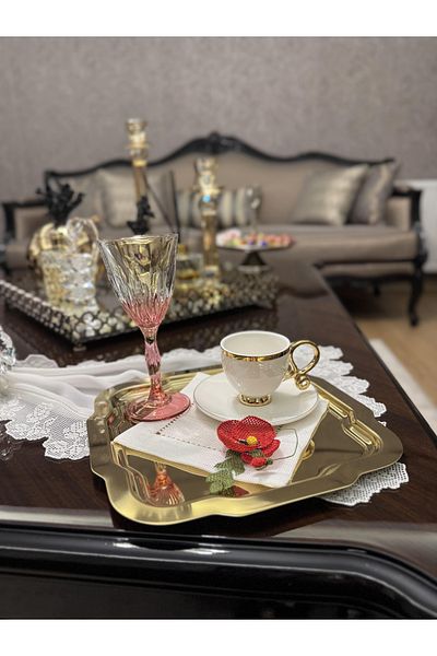 larense Papatya Model Stainless Steel, Gold, Serving, Tea, Coffee, Catering and Presentation Tray