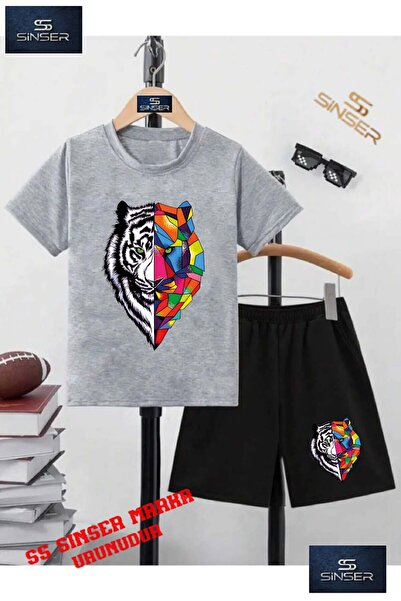 SS SİNSER Παιδικό μπλουζάκι με λαιμόκοψη και στάμπα "TIGER GEOMETRIC" - Σετ σ...