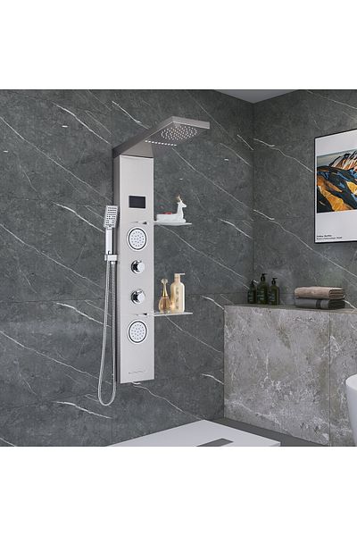 Blackswan Design Panel dus, Blackswan, Tip M6001, model nichel cu pipa cascada, LED si functii SPA, 124 cm