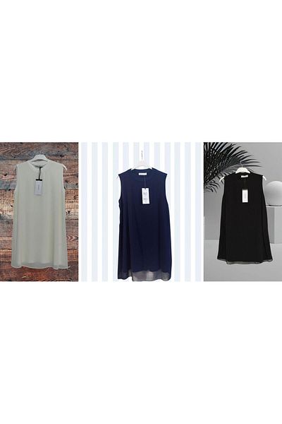 Puane Women's 3-Piece Set Ecru-Black-Dark Blue Sleeveless Front Chiffon Detailed Tunic Underwear