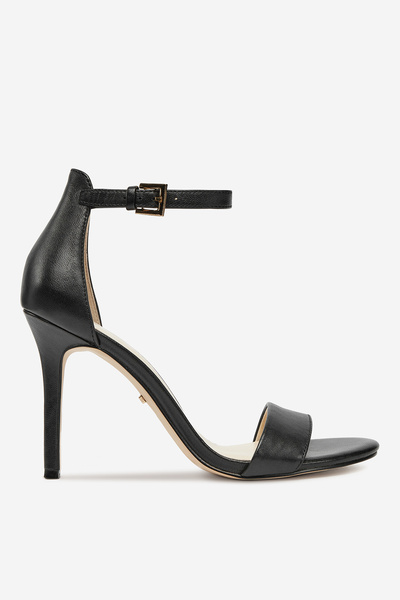 DeeZee Sandale damă din piele cu cataramă, negre, cu toc stiletto jos, 38