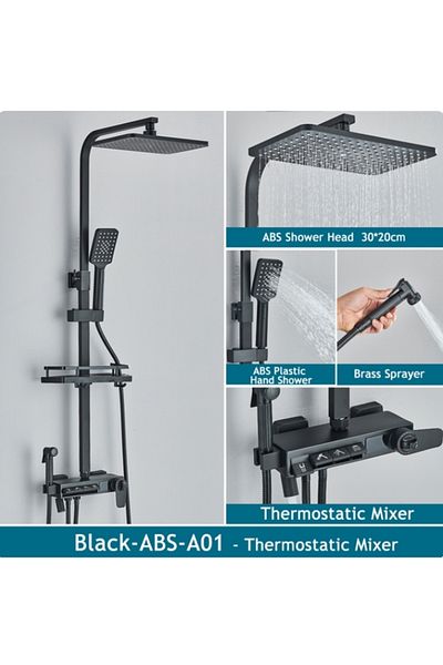 Blackswan Design Shower column, Blackswan, Type M246, black, thermostat, LCD display, pressure shower, mobile spout, 30x20cm