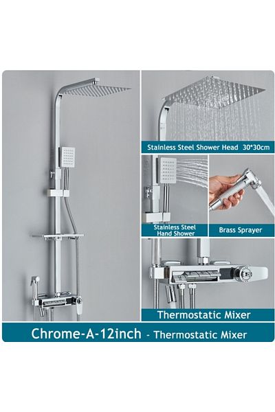 Blackswan Design Shower column, Blackswan, Type M249, chrome, thermostat, LCD display, pressure shower and mobile spout, 30 cm