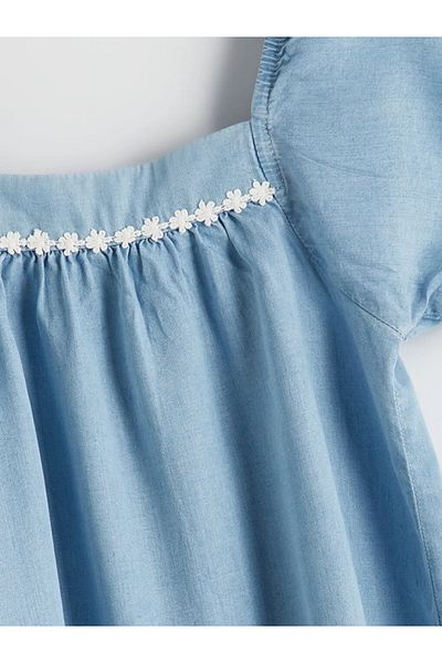 LC Waikiki Lcw Kids Blue Flower Embroidered Girl Jean Dress