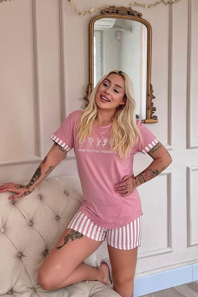 Pijamaevi Powder Positive Patterned Bamboo Short Sleeve Shorts Women's Pajama Set