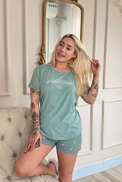 Pijamaevi Green Grateful Heart Patterned Bamboo Short Sleeve Women's Shorts Pajamas Set