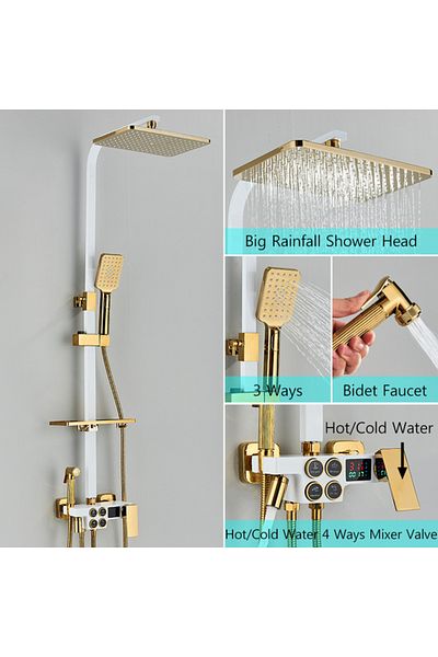 Blackswan Design Shower column, Blackswan, Type M136, white/gold adjustable, movable spout, pressure shower, digital display, 120 cm