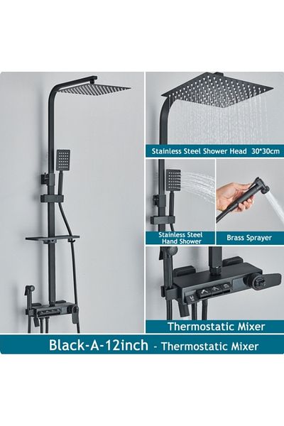 Blackswan Design Shower column, Blackswan, Type M245, black, thermostat, LCD display, pressure shower, mobile spout, 30 cm