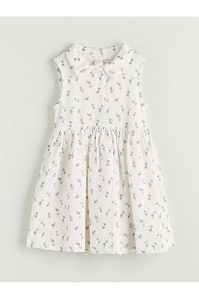 LC Waikiki LCW Kids Ecru Crew Neck Λουλούδια Κοριτσίστικο Φόρεμα