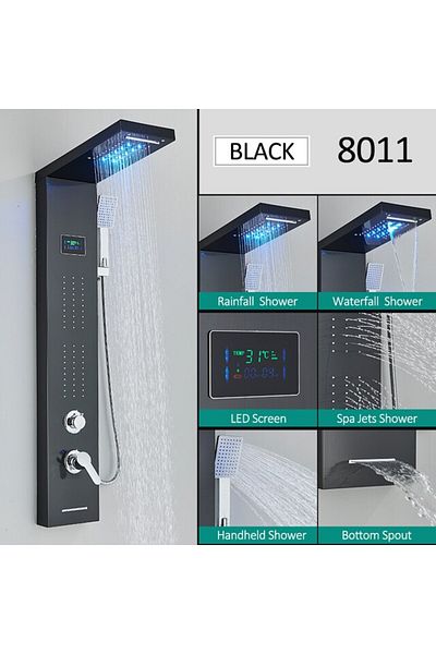 Blackswan Design Panel dus, Blackswan, Tip M8011, negru cu pipa tip cascada, afisaj digital, LED, functii SPA, 114 cm