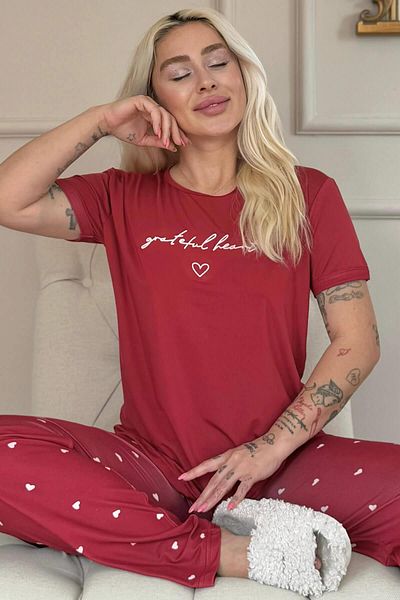 Pijamaevi Set de pijamale pentru femei cu mânecă scurtă din bambus cu model Grateful Heart Burgundy