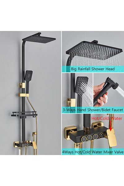 Blackswan Design Shower column, Blackswan, Type M144, black/gold adjustable, with movable spout, pressure shower, 116 cm