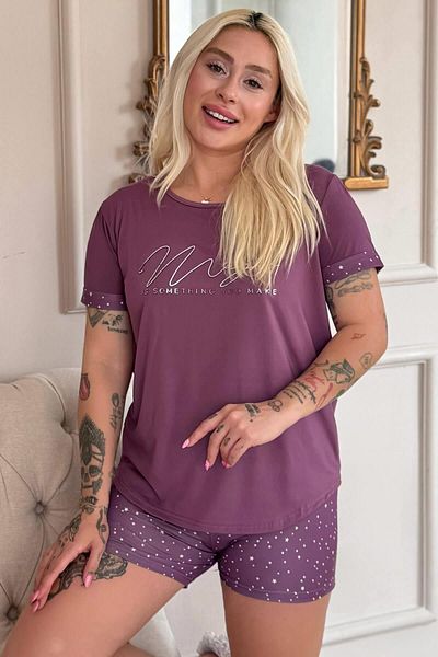 Pijamaevi Dark Pink Magic Patterned Bamboo Short Sleeve Shorts Women's Pajama Set