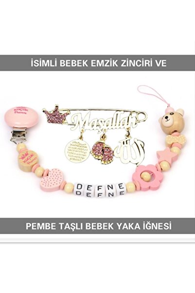 Sahi Aksesuar Isimli Bebek Emzik Zinciri Ve Pembe Taşlı Bebek Yaka Iğnesi