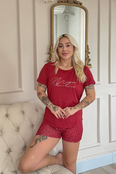 Pijamaevi Claret Red Magic Patterned Bamboo Short Sleeve Shorts Women's Pajama Set