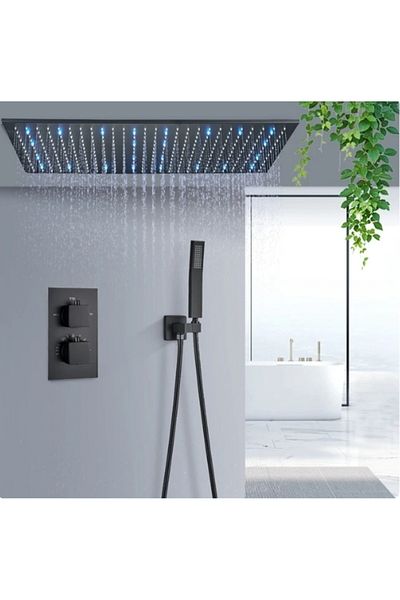 Blackswan Design Shower mixer set, Blackswan, Type M264, black, LED lighting, thermostat and ceiling mounting, 80 cm