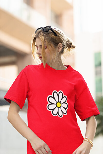 MG تي شيرت نسائي من القطن برقبة دائرية ومطبوع عليه ديزي مقاس كبير وأكمام قصيرة