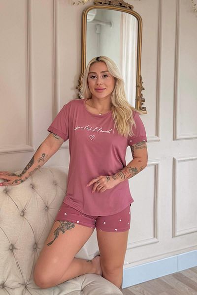Pijamaevi Powder Grateful Heart Patterned Bamboo Short Sleeve Women's Shorts Pajama Set