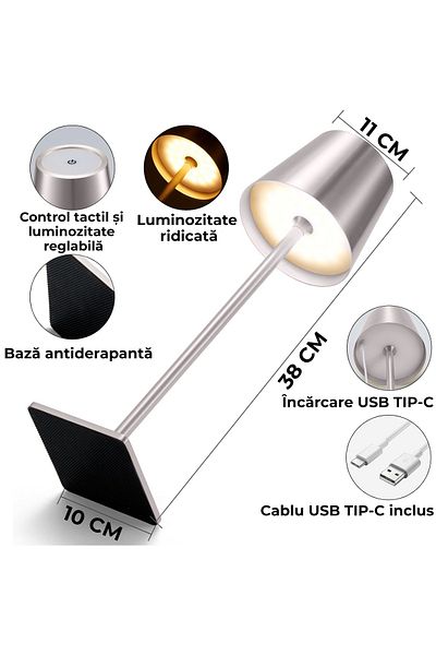 Echo Soul Lampa de masa touch led incarcabila Echo Soul®️, cu control tactil, Argintiu