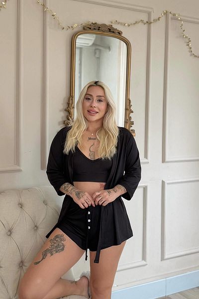 Pijamaevi Black Dublin Bustier Women's Pajama Set with Dressing Gown