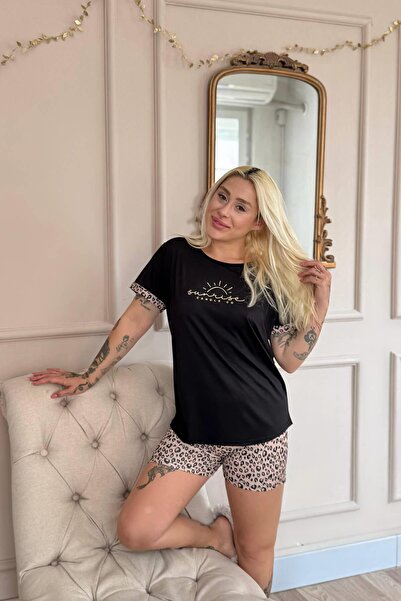 Pijamaevi Black Sunshine Patterned Bamboo Women's Pajama Set with Short Sleeve Shorts