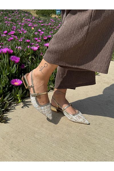 BURCU COLLECTİON Carmen Pointed Toe Belt Detailed Short Heeled Colorful Tweed Women's Ballerinas
