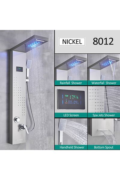 Blackswan Design Panel dus, Blackswan, Tip M8012, nichel, pipa tip cascada, afisaj digital, LED, functii SPA, 113 cm