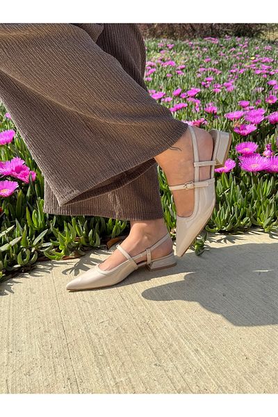 BURCU COLLECTİON Carmen Pointed Toe Belt Detailed Short Heeled Beige Patent Leather Women's Ballerinas
