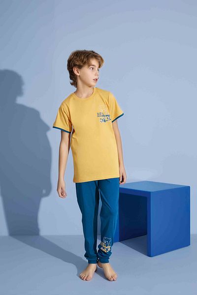 Tarık Boy's T-Shirt Long Bottom Combed Single Jersey Crew Neck Medium Thick Pajama Set-3928