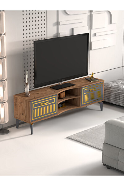 GOLDFALEZ Tv Sehpası Tv Ünitesi Vera Atlantik Çam Antrasit Gold Çizgili 5050