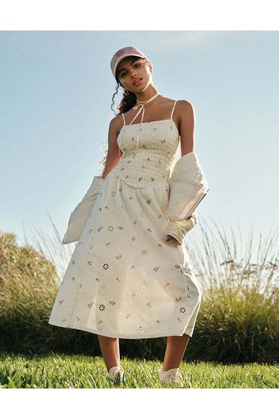 AMERICAN EAGLE Ae Bella Smocked Drop Waist Midi Dress