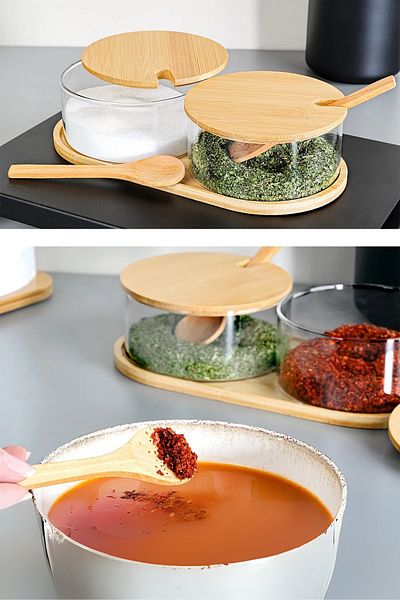 Meturas Glass Spice Rack with Bamboo Lid Stylish and Decorative Storage Set with Wooden Spoon (280 ml X 2)